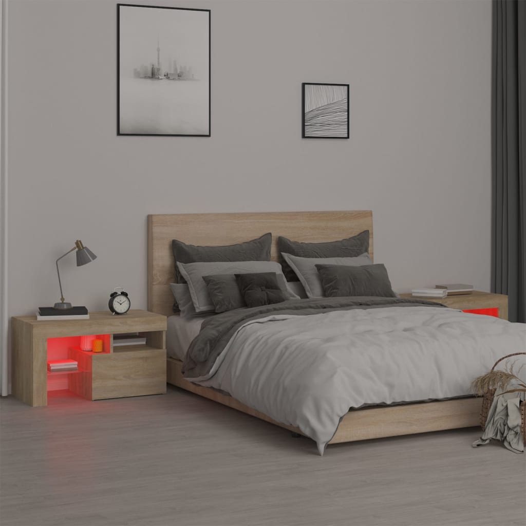 sengeborde 2 stk. med LED-lys 70x36,5x40 cm sonoma-eg