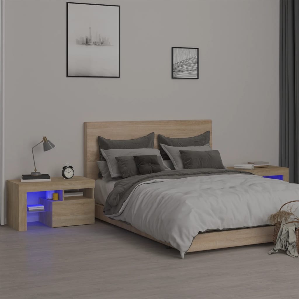 sengeborde 2 stk. med LED-lys 70x36,5x40 cm sonoma-eg