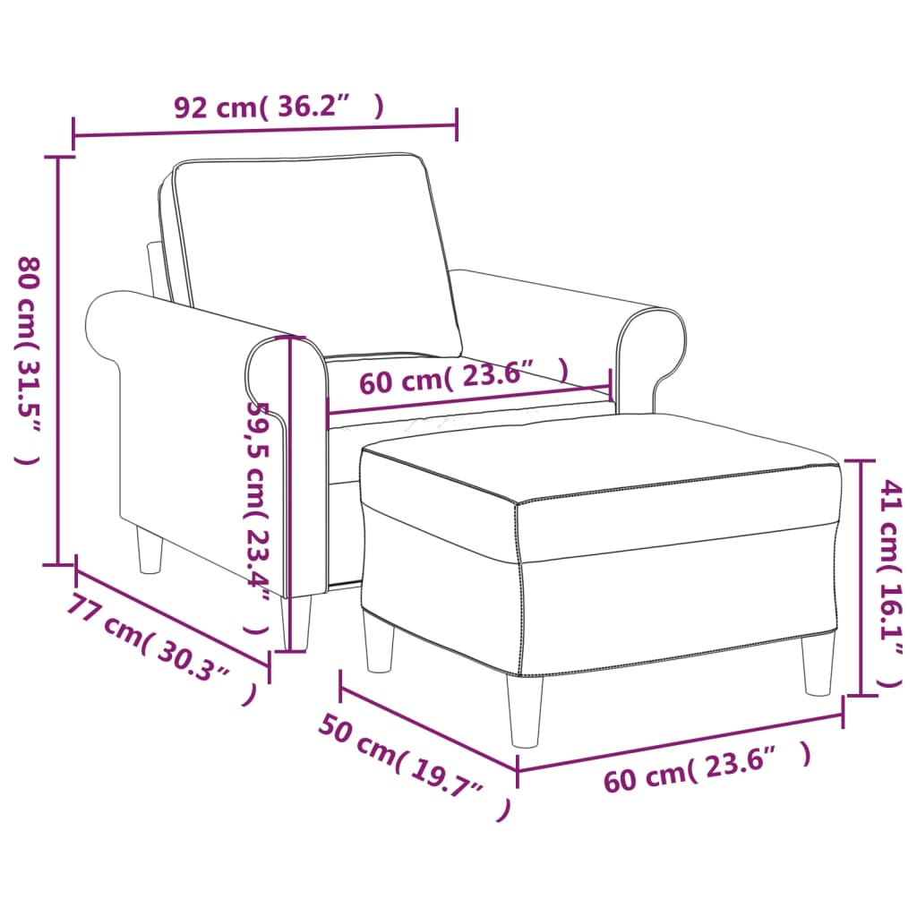 sofastol med fodskammel 60 cm stof lysegrå