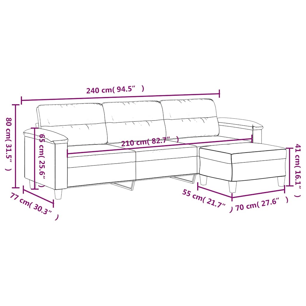 3-personers sofa med fodskammel 210 cm mikrofiberstof mørkegrå