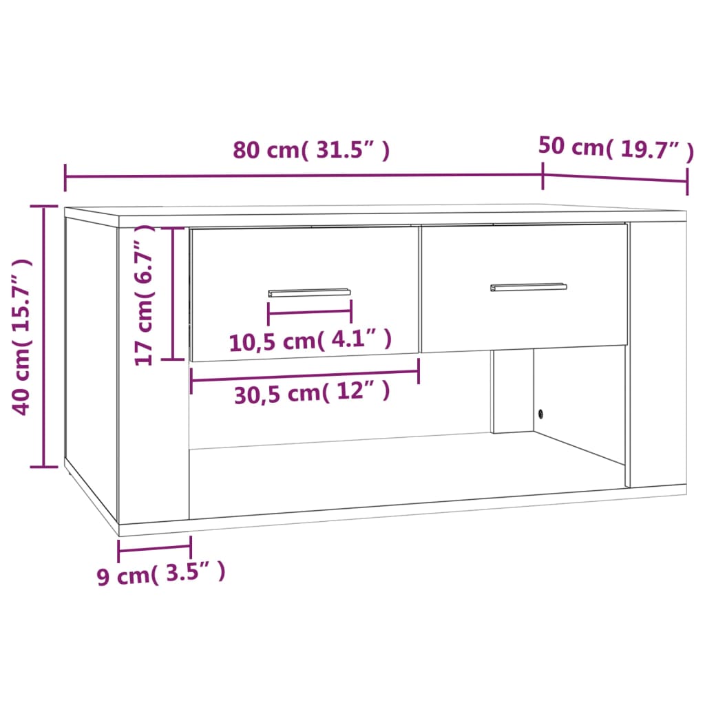 sofabord 80x50x40 cm konstrueret træ hvid