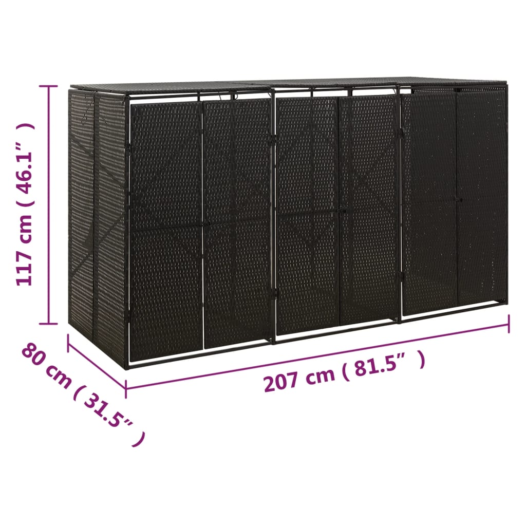 tredobbelt skraldespandsskjuler 207x80x117 cm polyrattan sort