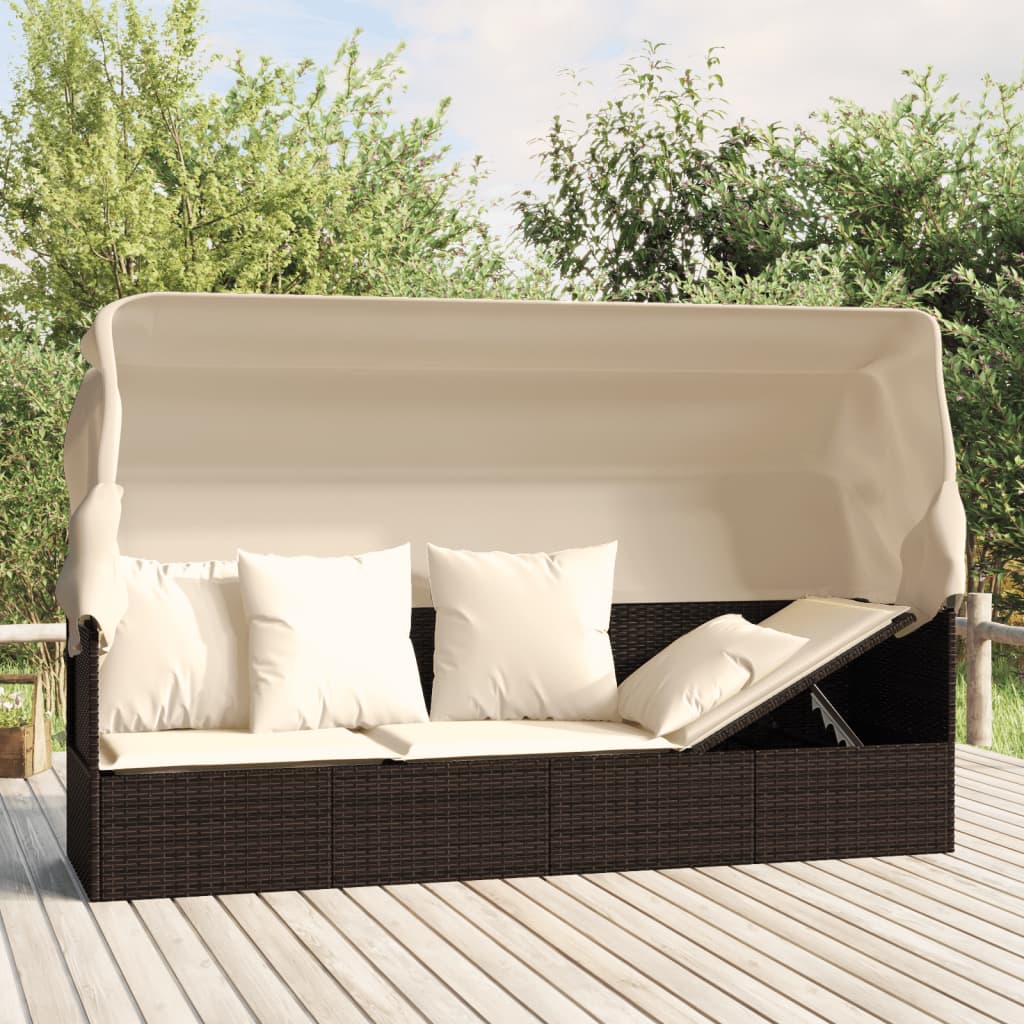 udendørs loungesofa med tag og hynder polyrattan brun