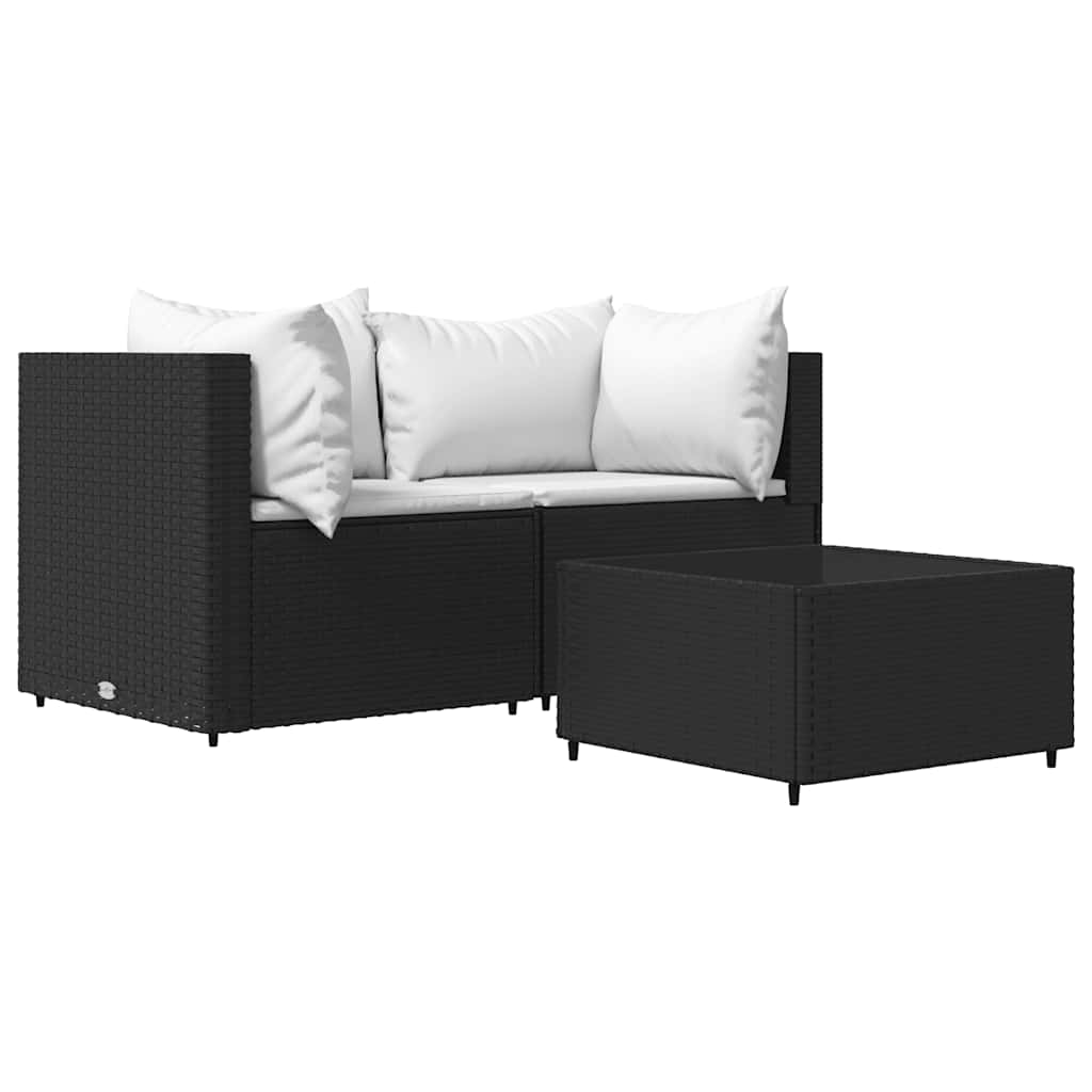 loungesæt til haven 3 dele med hynder polyrattan sort