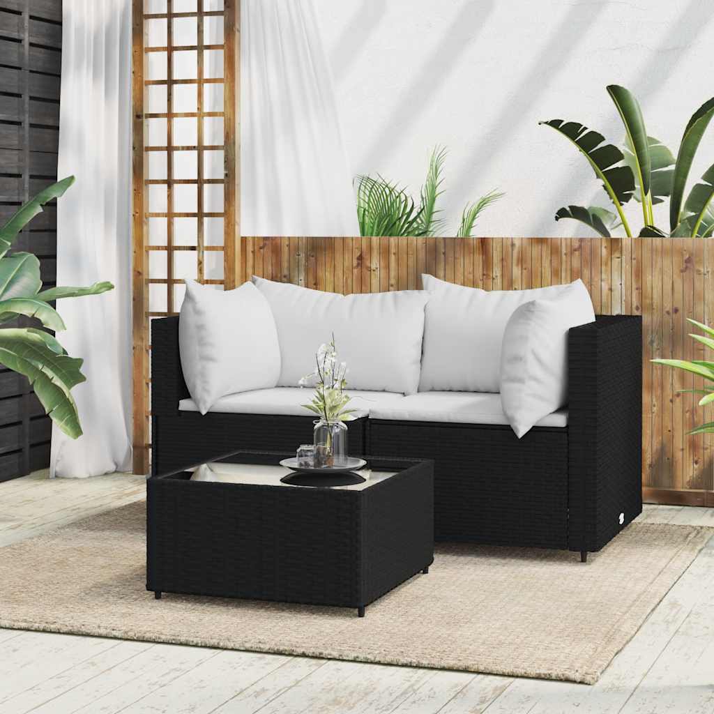 loungesæt til haven 3 dele med hynder polyrattan sort