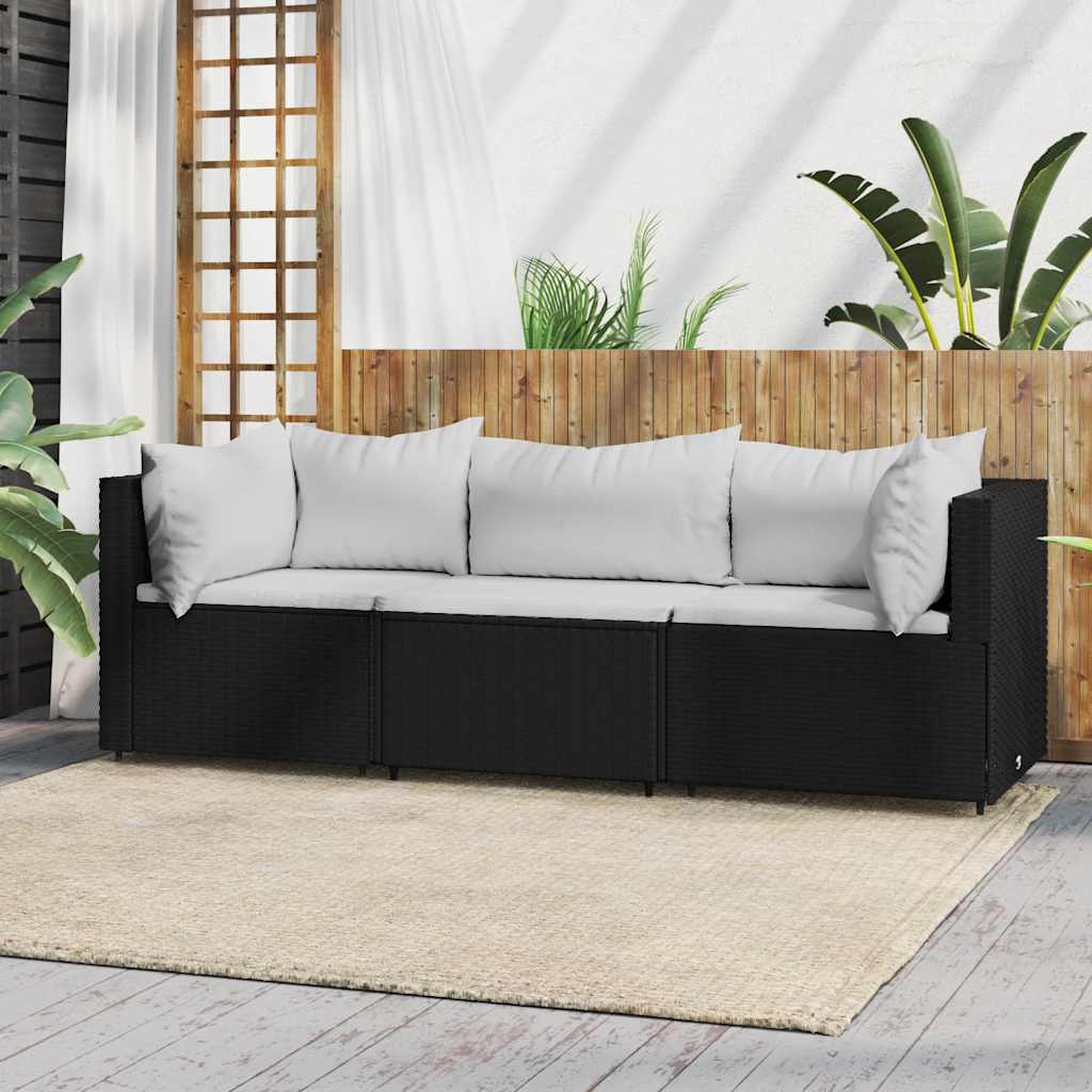 loungesæt til haven 3 dele med hynder polyrattan sort