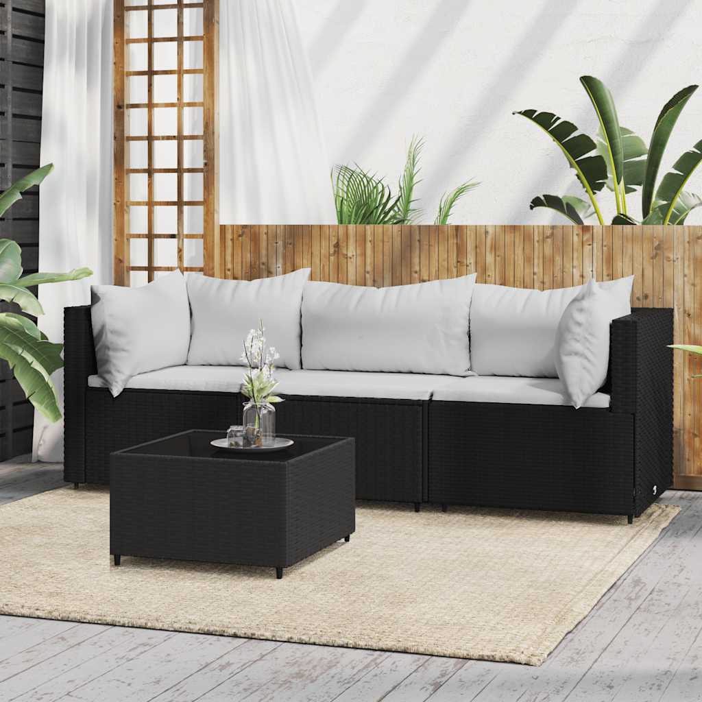 loungesæt til haven 4 dele med hynder polyrattan sort