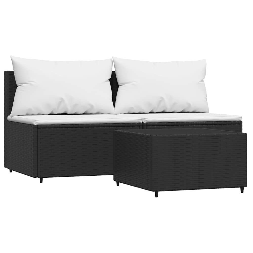 loungesæt til haven 3 dele med hynder polyrattan sort