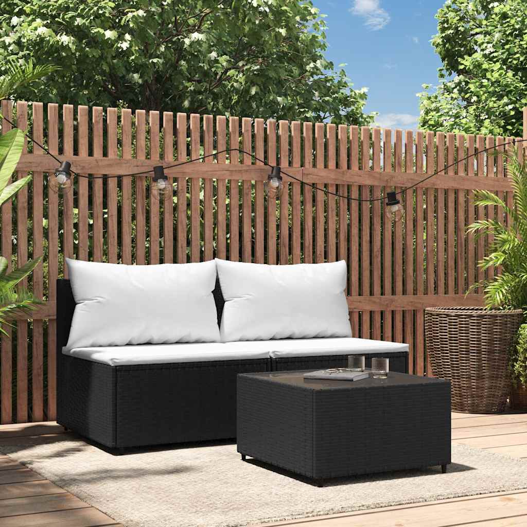 loungesæt til haven 3 dele med hynder polyrattan sort