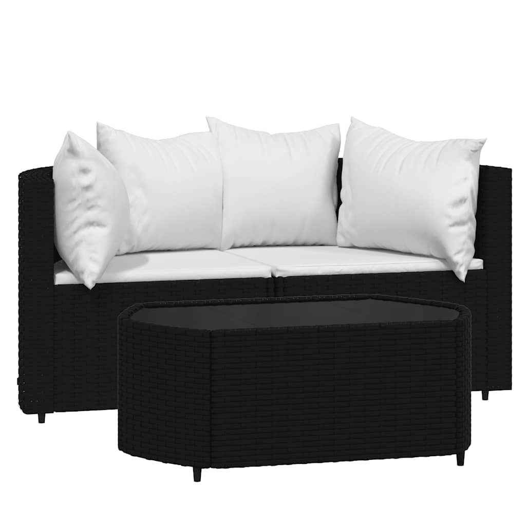 loungesæt til haven 3 dele med hynder polyrattan sort