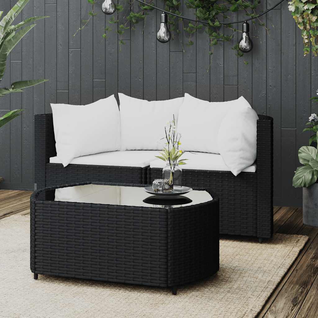 loungesæt til haven 3 dele med hynder polyrattan sort