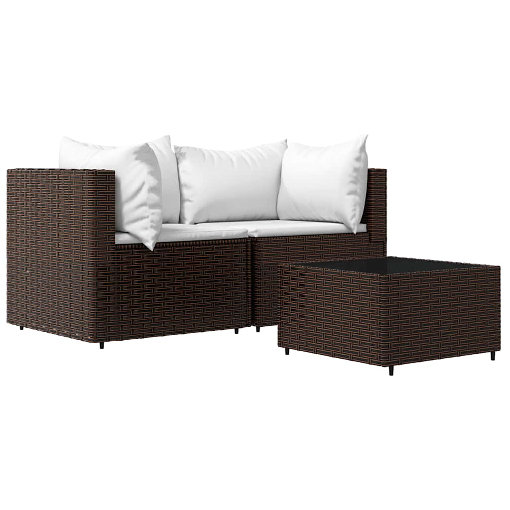 loungesæt til haven 3 dele med hynder polyrattan brun