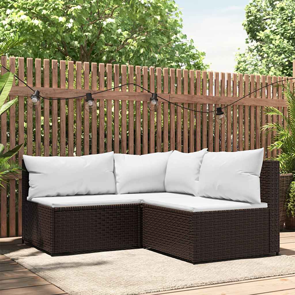 loungesæt til haven 3 dele med hynder polyrattan brun