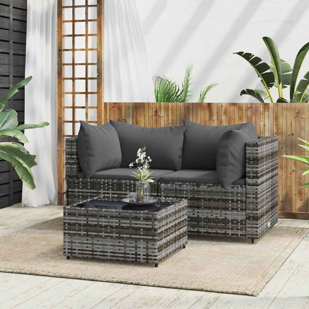 loungesæt til haven 3 dele med hynder polyrattan grå