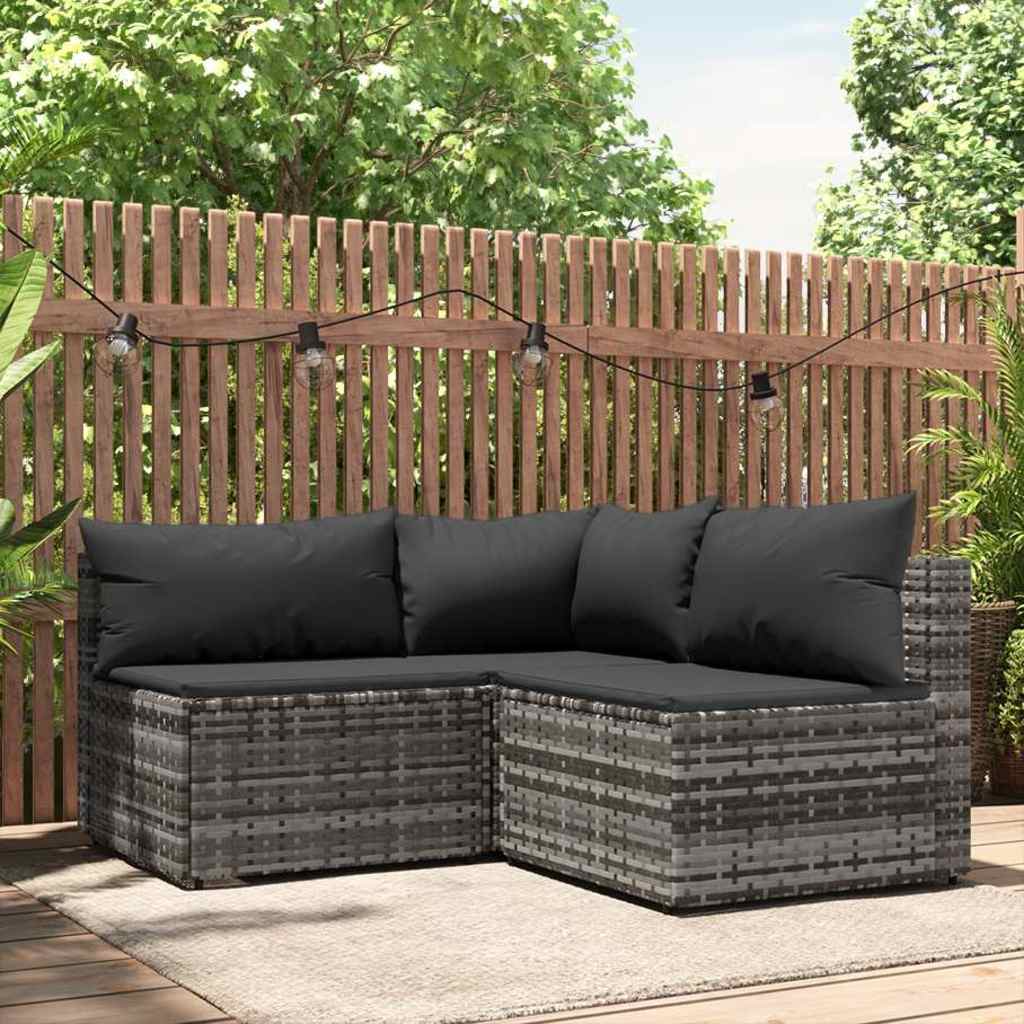 loungesæt til haven 3 dele med hynder polyrattan grå