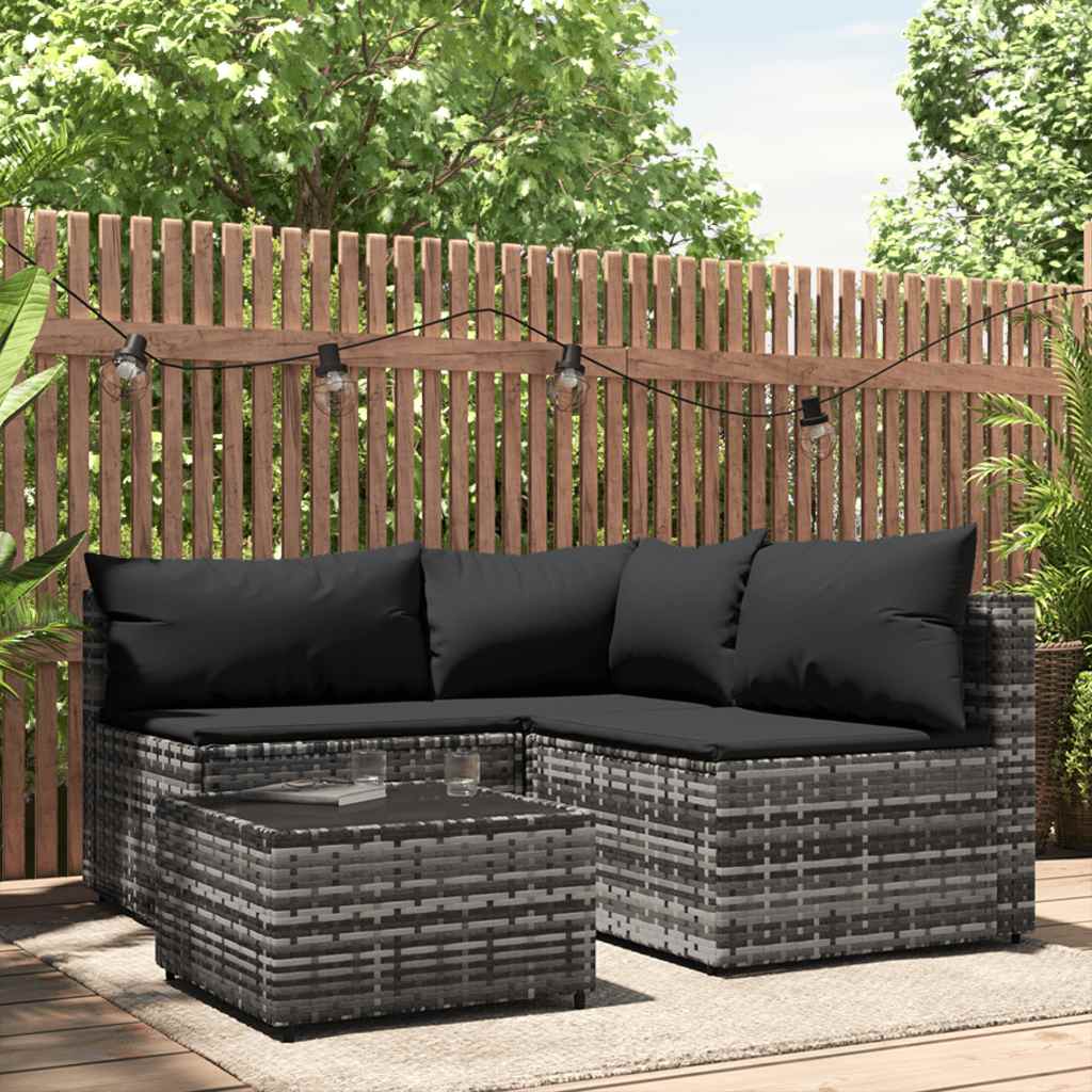 loungesæt til haven 4 dele med hynder polyrattan grå