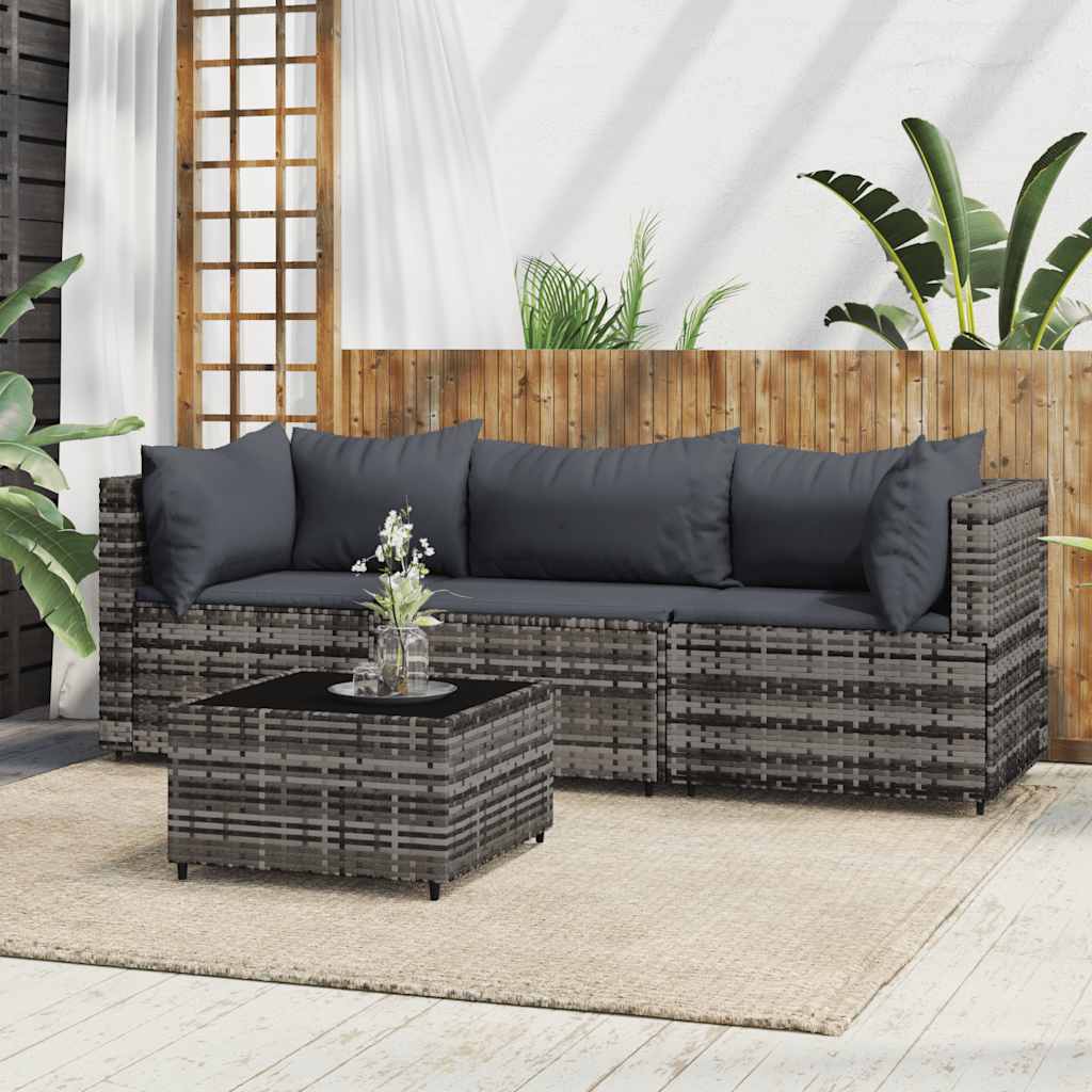 loungesæt til haven 4 dele med hynder polyrattan grå