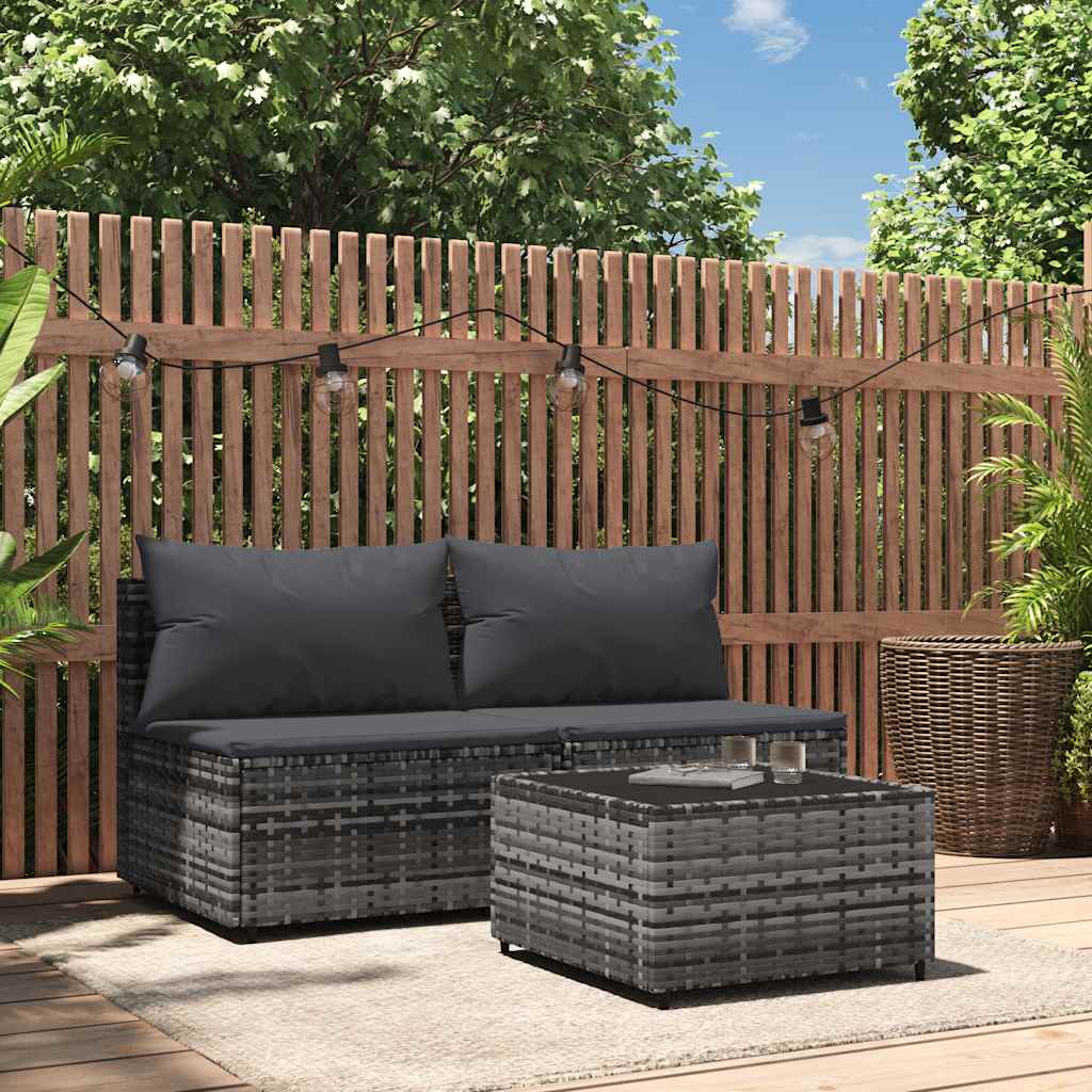 loungesæt til haven 3 dele med hynder polyrattan grå
