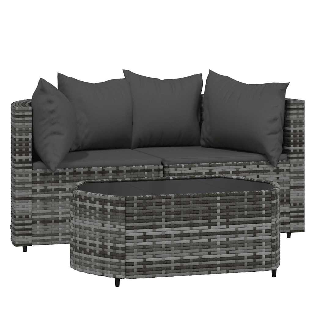loungesæt til haven 3 dele med hynder polyrattan grå