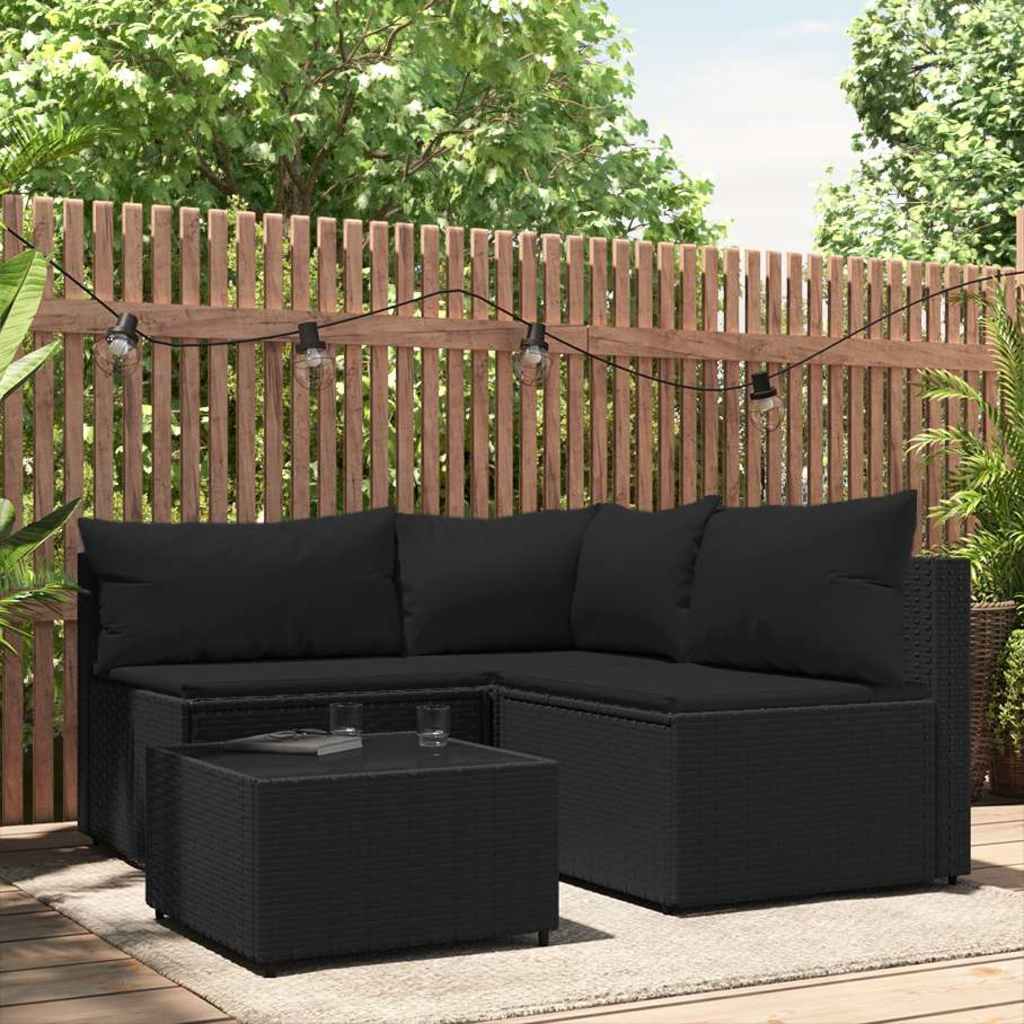 loungesæt til haven 4 dele med hynder polyrattan sort