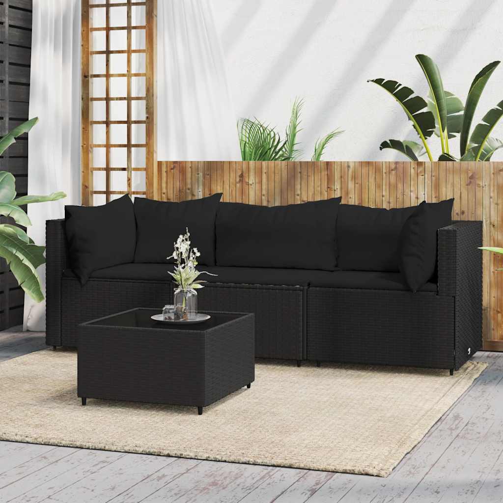 loungesæt til haven 4 dele med hynder polyrattan sort