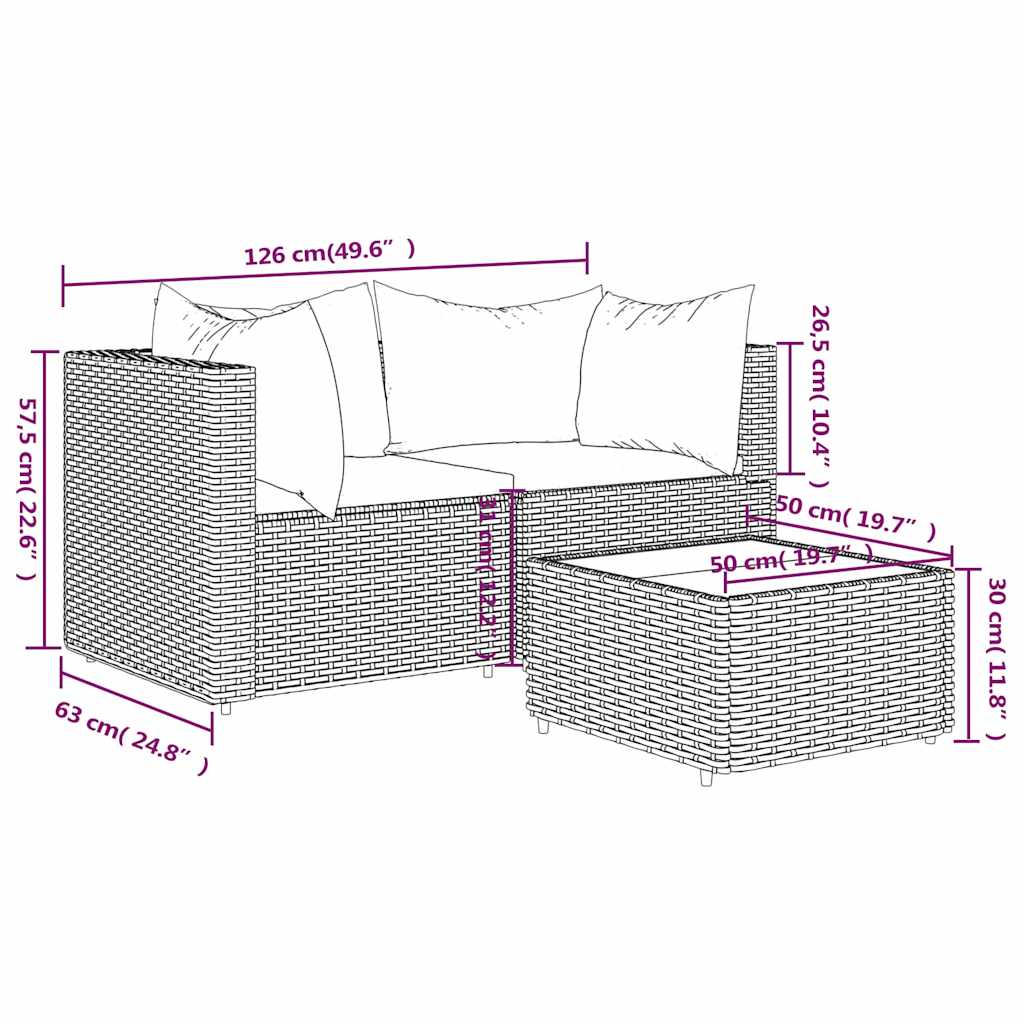 loungesæt til haven 3 dele med hynder polyrattan sort