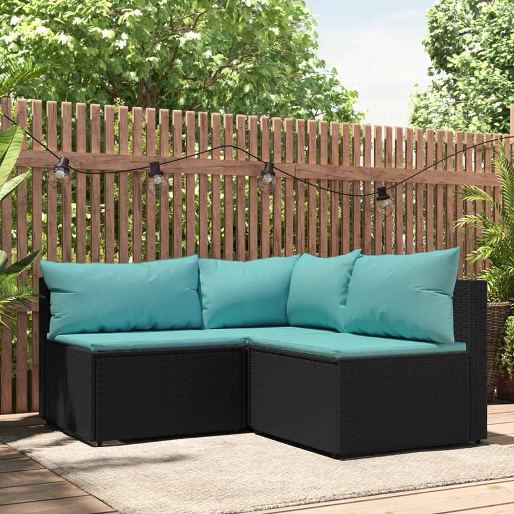 loungesæt til haven 3 dele med hynder polyrattan sort