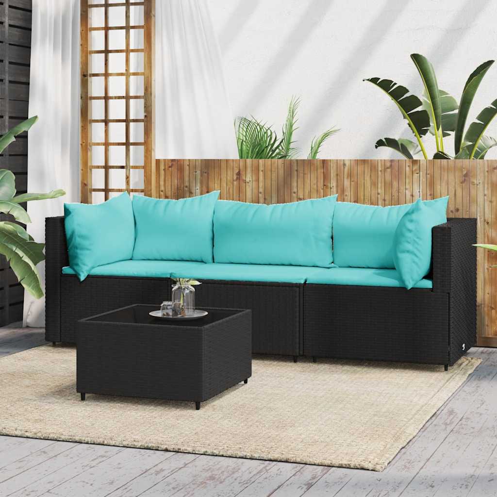 loungesæt til haven 4 dele med hynder polyrattan sort