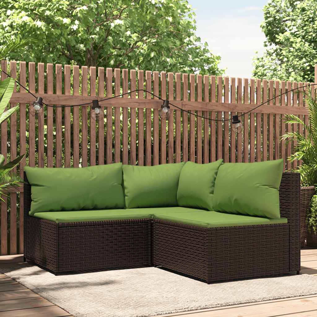 loungesæt til haven 3 dele med hynder polyrattan brun