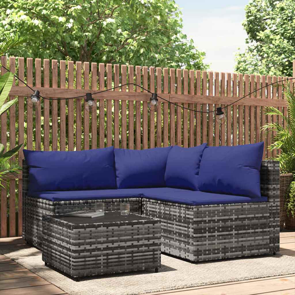 loungesæt til haven 4 dele med hynder polyrattan grå