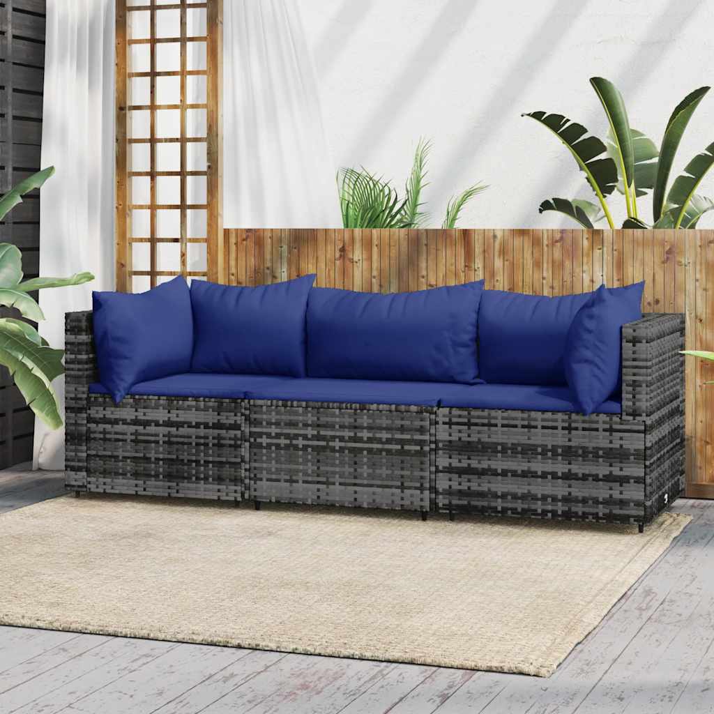 loungesæt til haven 3 dele med hynder polyrattan grå