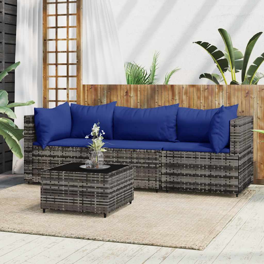 loungesæt til haven 4 dele med hynder polyrattan grå