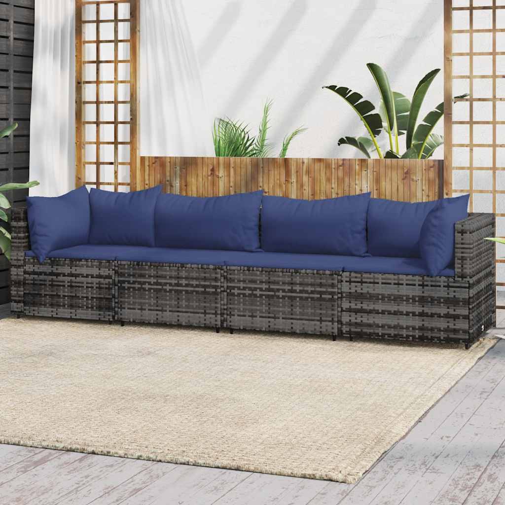 loungesæt til haven 4 dele med hynder polyrattan grå