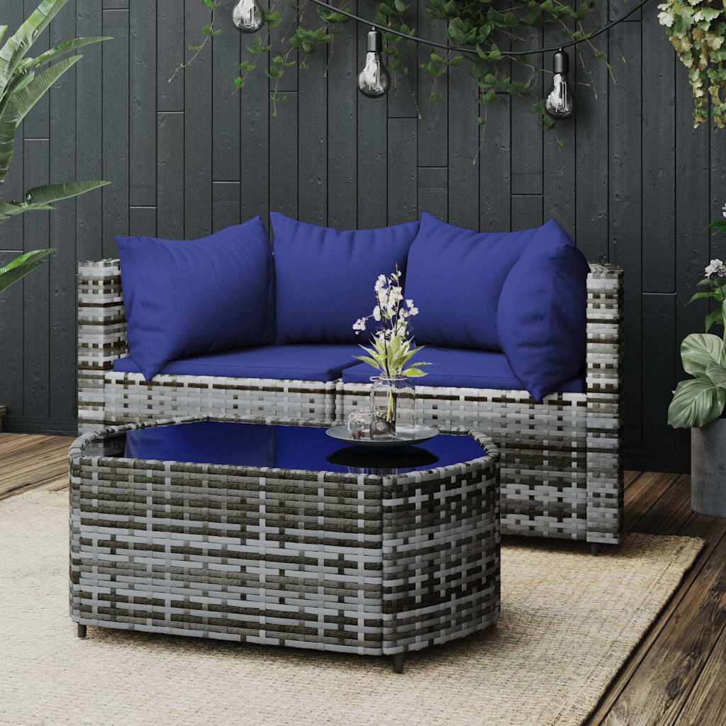 loungesæt til haven 3 dele med hynder polyrattan grå