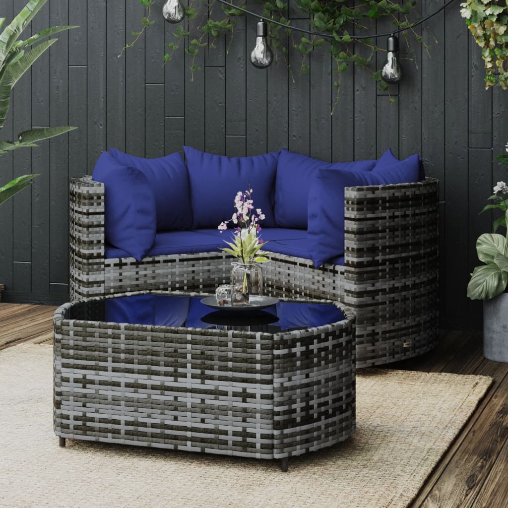 loungesæt til haven 4 dele med hynder polyrattan grå
