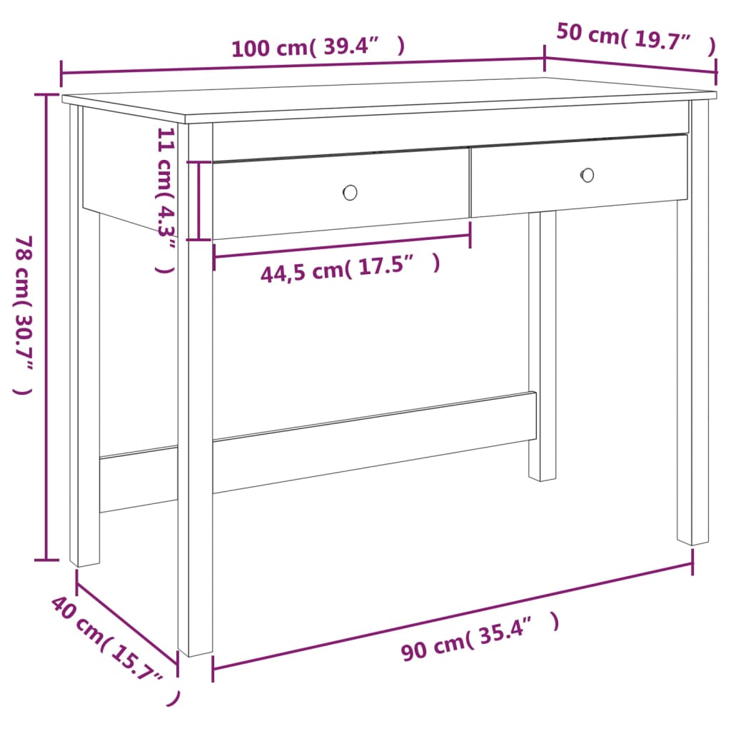 skrivebord med skuffer 100x50x78 cm massivt fyrretræ