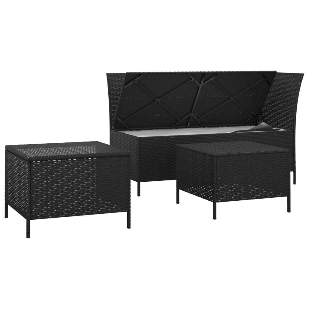 loungesæt til haven 3 dele med hynder polyrattan sort