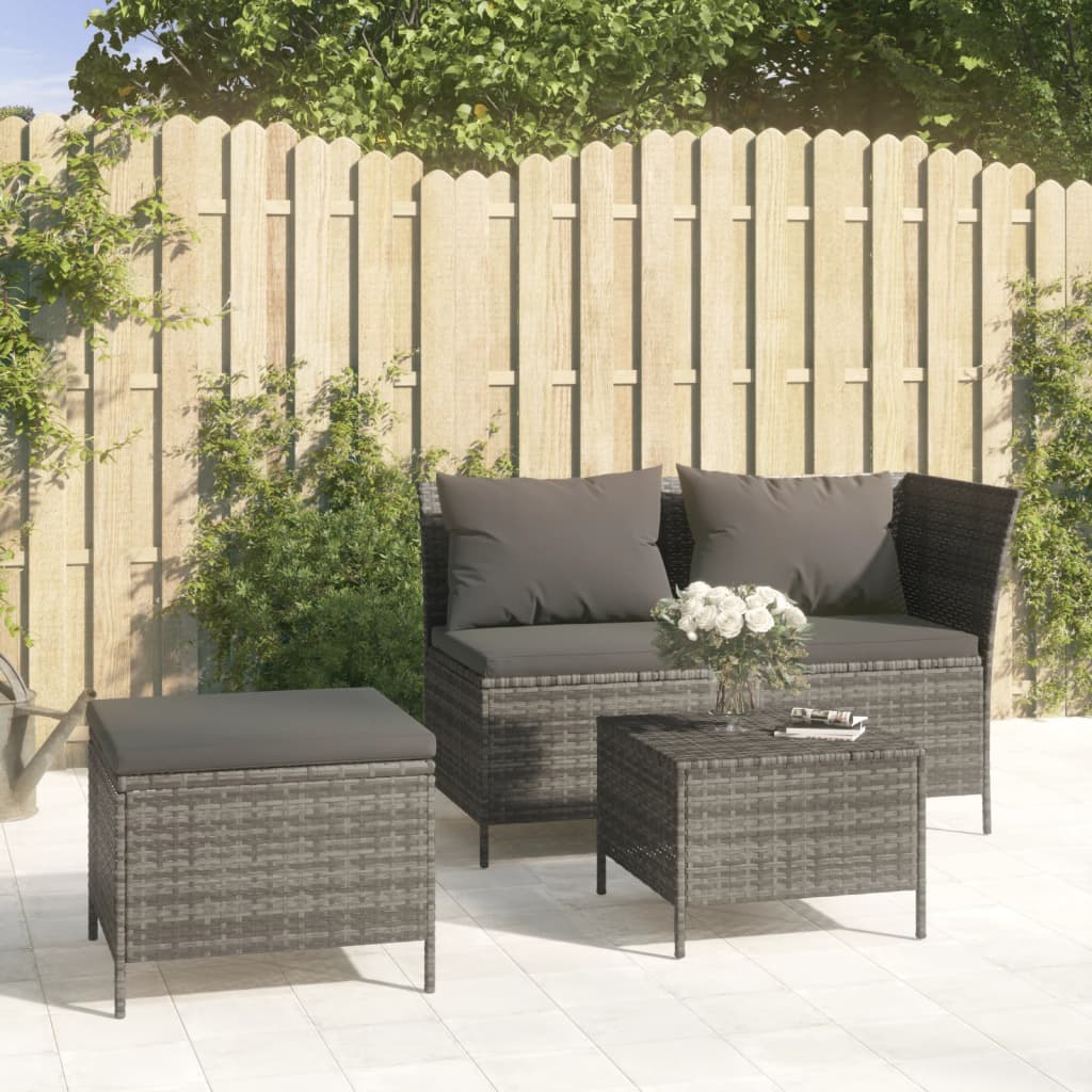 loungesæt til haven 3 dele med hynder polyrattan grå