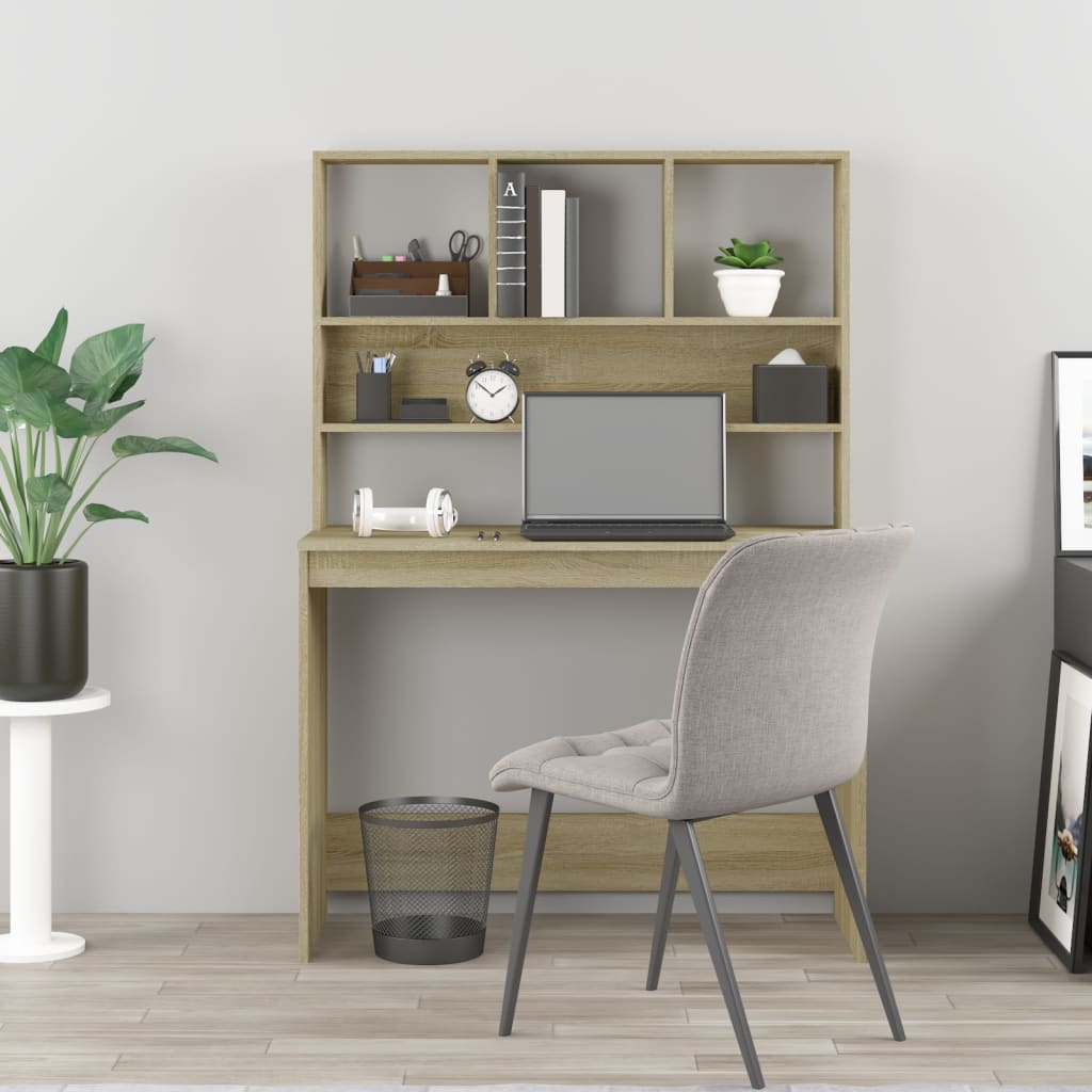 skrivebord med hylder 102x45x148 cm konstrueret træ sonoma-eg