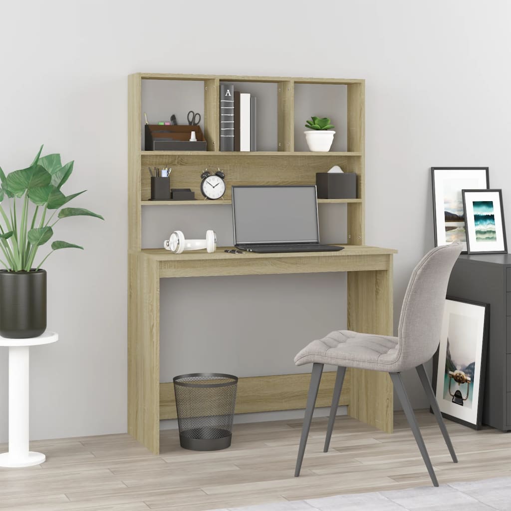 skrivebord med hylder 102x45x148 cm konstrueret træ sonoma-eg