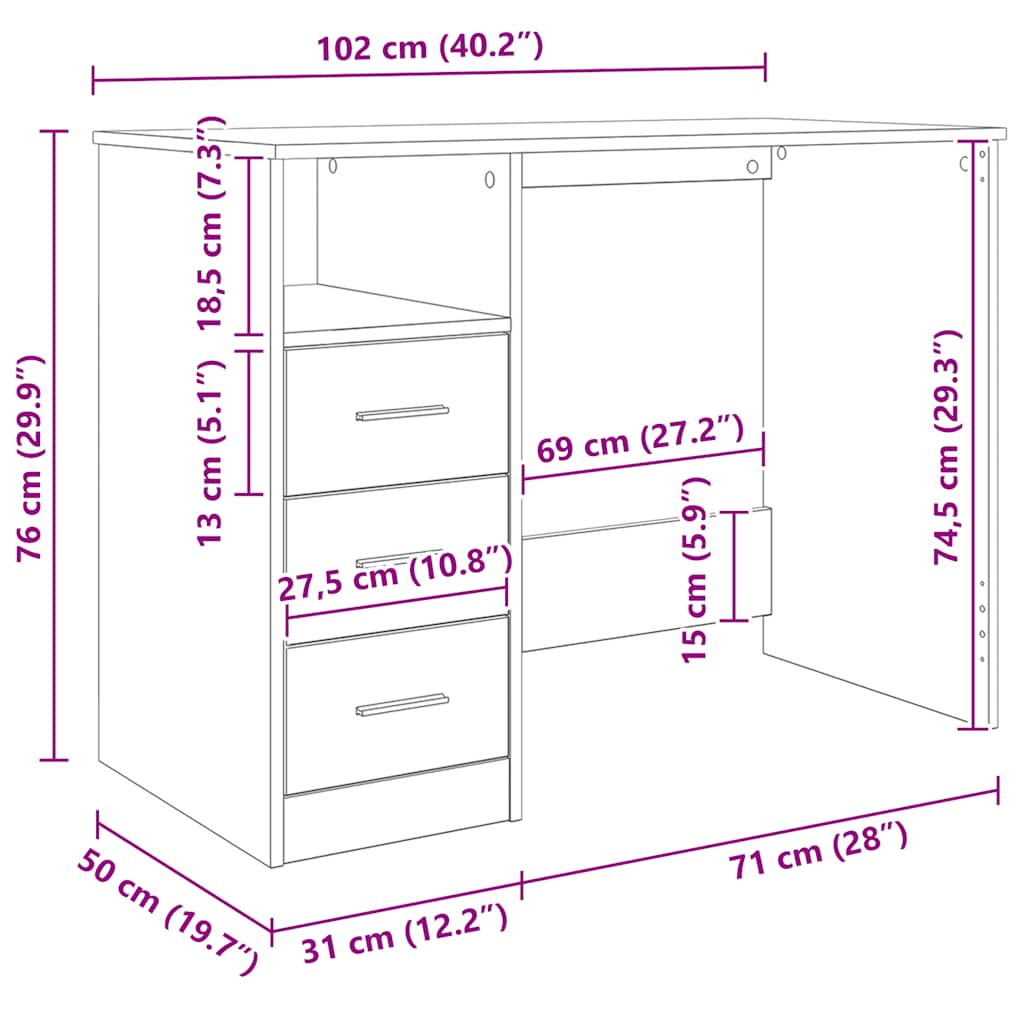 skrivebord m. hylder 102x50x76 cm konstrueret træ sort