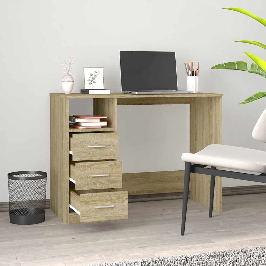 skrivebord m. skuffer 102x50x76 cm konstrueret træ sonoma-eg