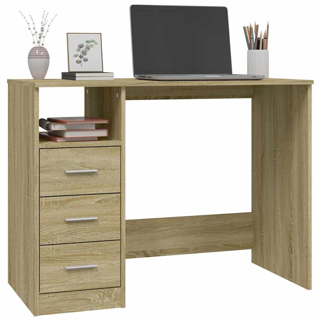 skrivebord m. skuffer 102x50x76 cm konstrueret træ sonoma-eg
