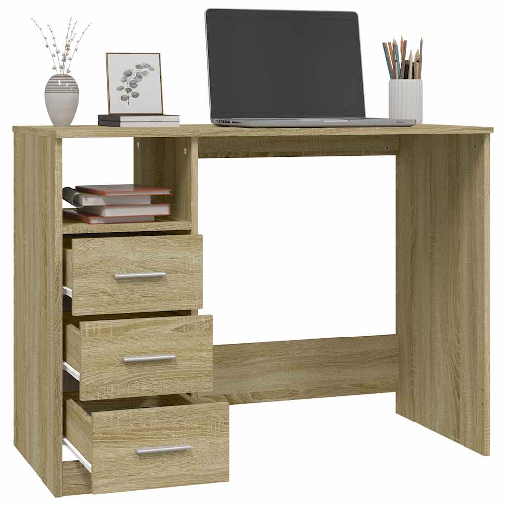 skrivebord m. skuffer 102x50x76 cm konstrueret træ sonoma-eg