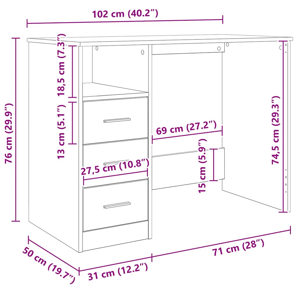 skrivebord m. skuffer 102x50x76 cm konstrueret træ sonoma-eg