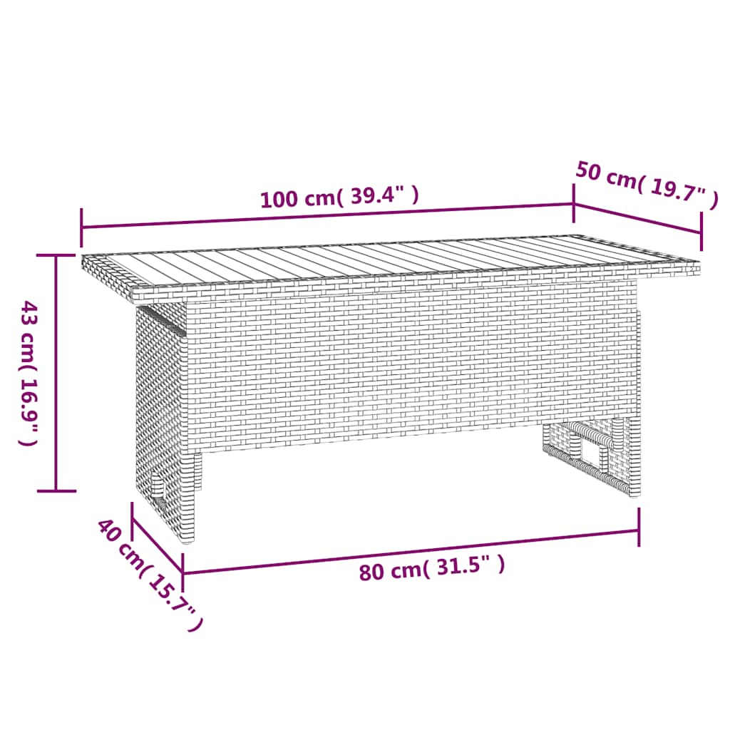 havebord 100x50x43/63 cm massivt akacietræ og polyrattan grå