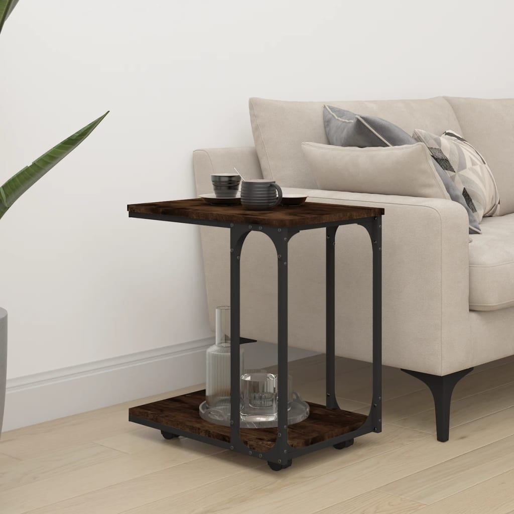 sidebord med hjul 50x35x55,5 cm konstrueret træ røget egetræ