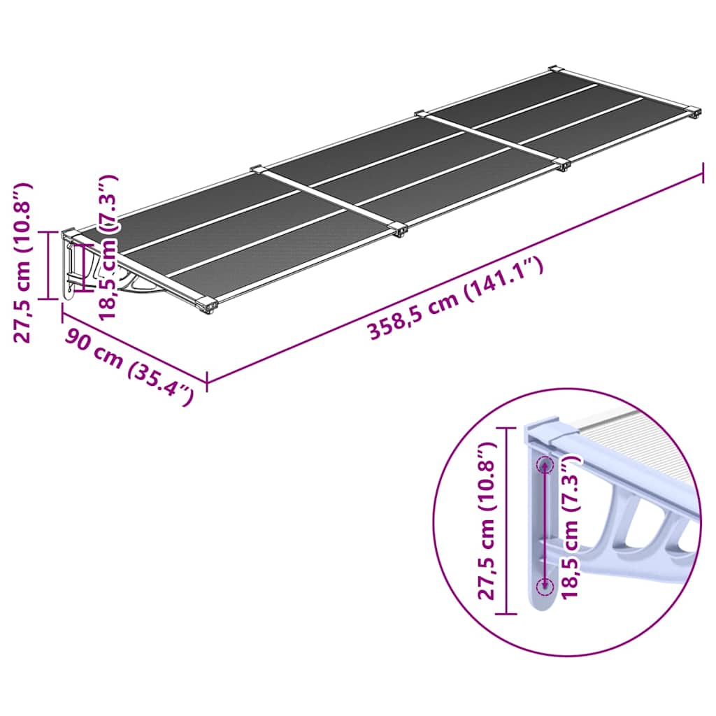 dørbaldakin 358,5x90 cm polycarbonat grå og transparent