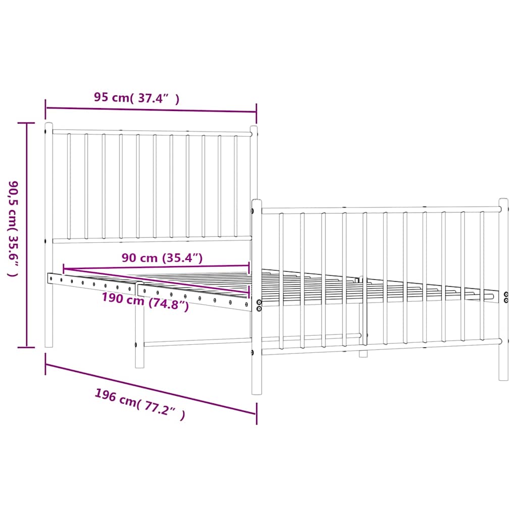 sengeramme med sengegavl og fodgærde 90x190 cm metal sort