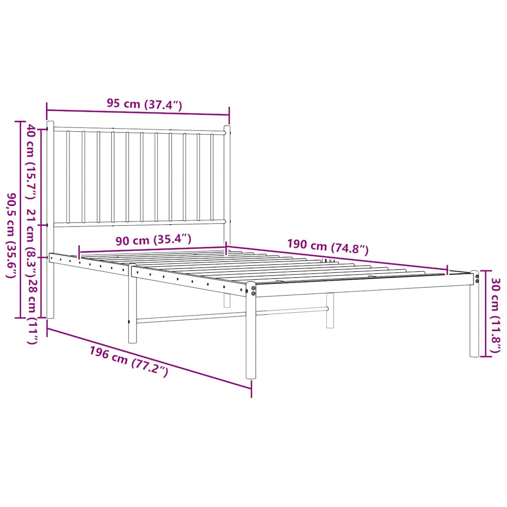 sengeramme med sengegavl 90x190 cm metal hvid